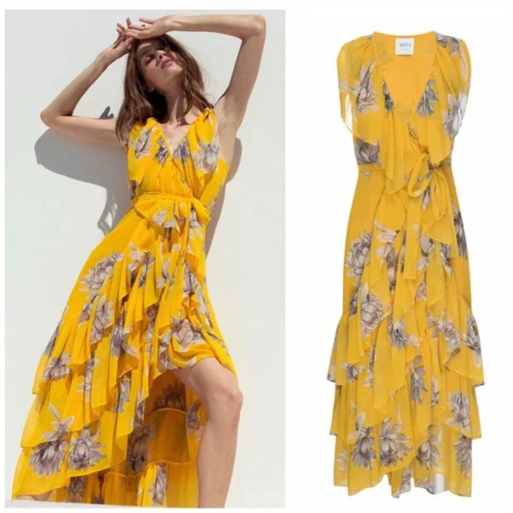 MISA Los Angeles Ilune Floral Wrap Dress in Yellow